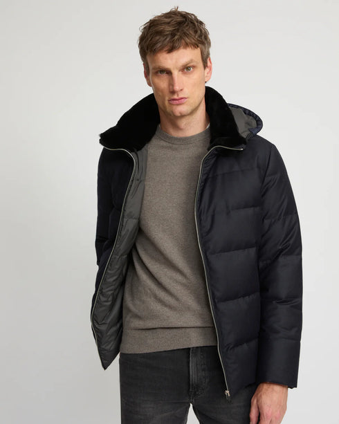Short down jacket in Loro Piana fabric with mink trim
