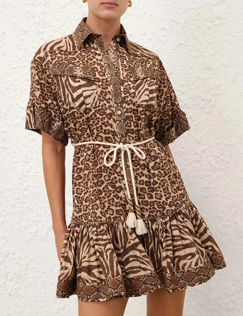 animal-print ruffled mini dress