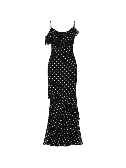 Georgette polka dot ruffled maxi dress