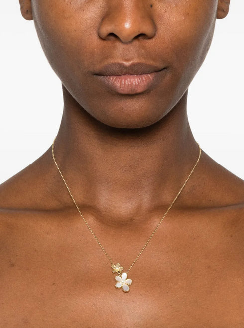 Yellow Gold Diamond Mother of Pearl Flower Necklace