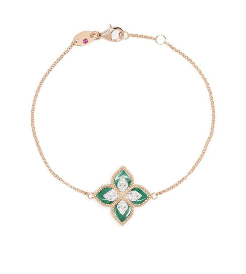 pulsera Princess Flower en oro rosa de 18kt con diamantes y malaquita