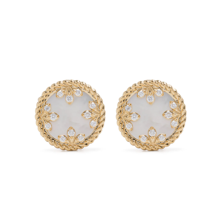 Pendientes de oro amarillo de 18 kt con medallones venecianos, diamantes y perlas. 