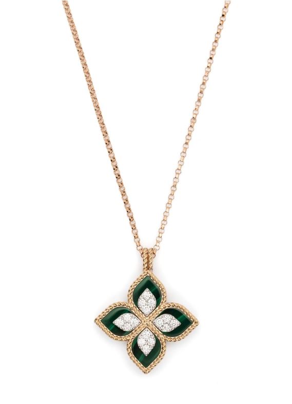 Collar Princesa Flor de oro rosa de 18 kt con malaquita y diamantes 