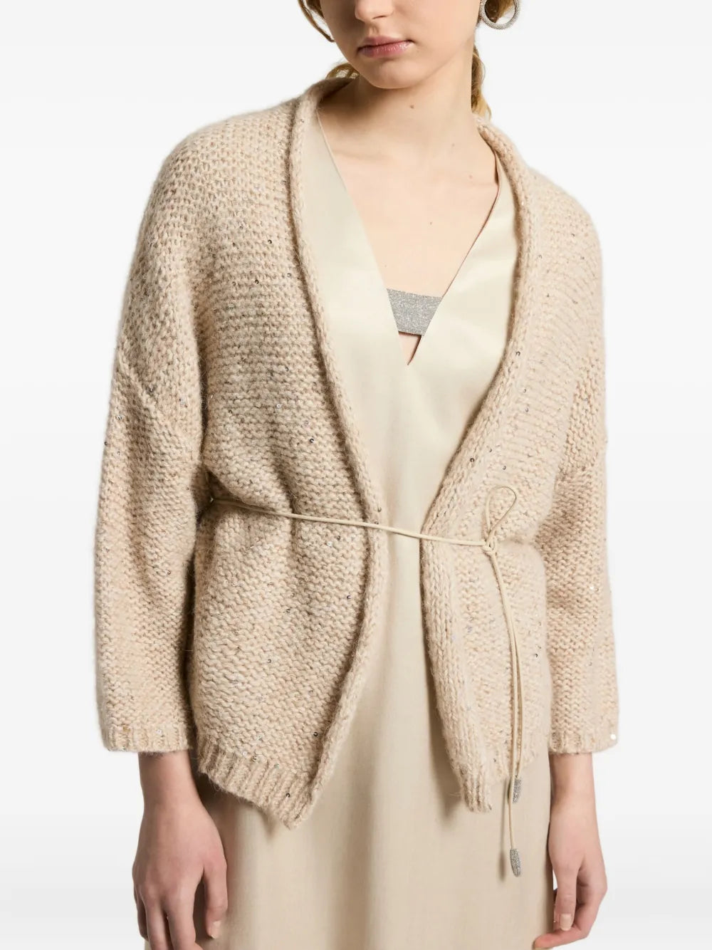 sequin-embellished belted cardigan