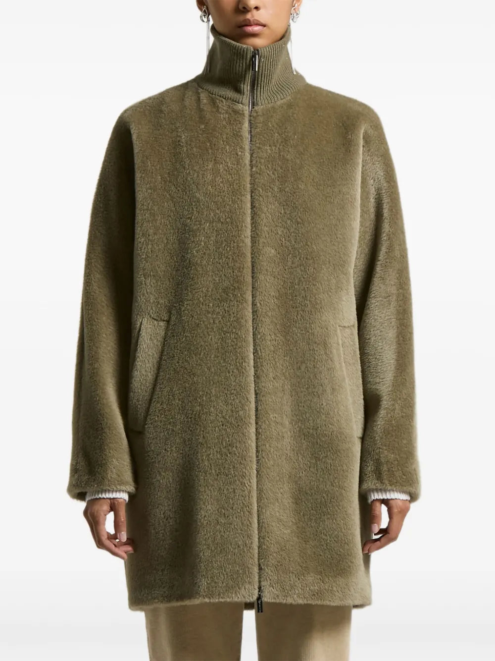 high-neck zip-front coat