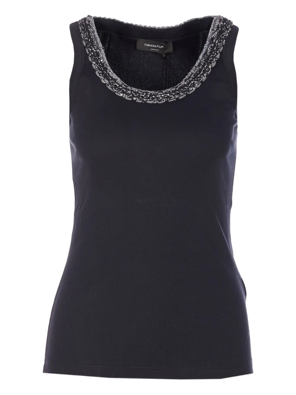 camiseta sin mangas con cuello redondo y ribete adornado