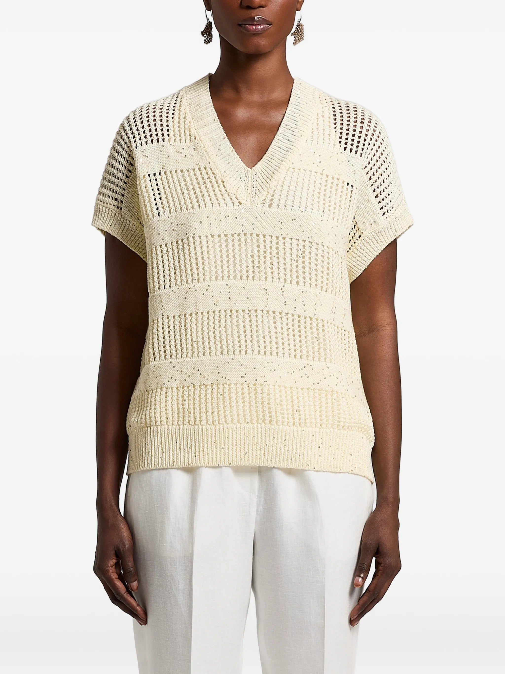 V-neck open knit top