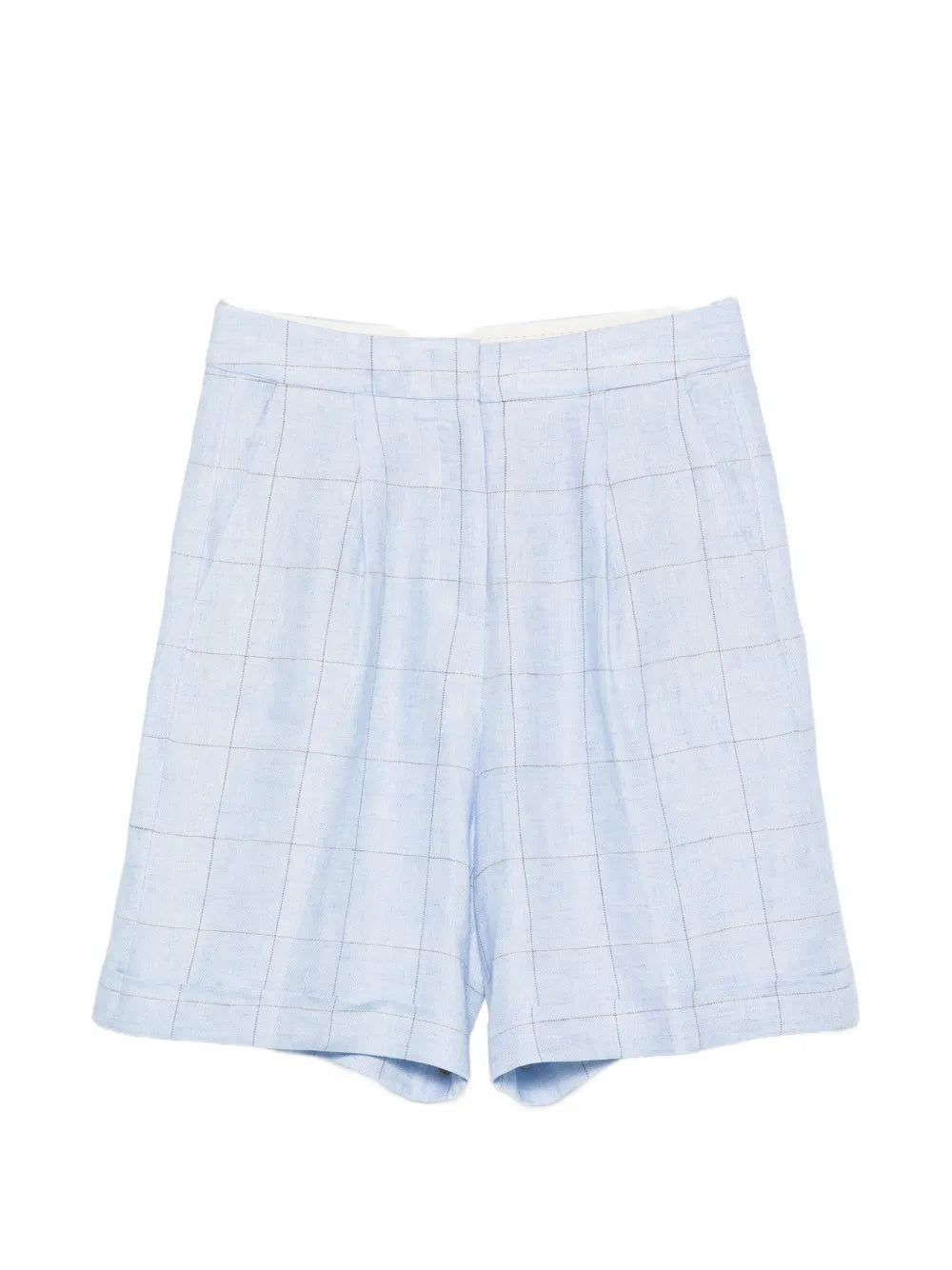 check-pattern pleated linen shorts