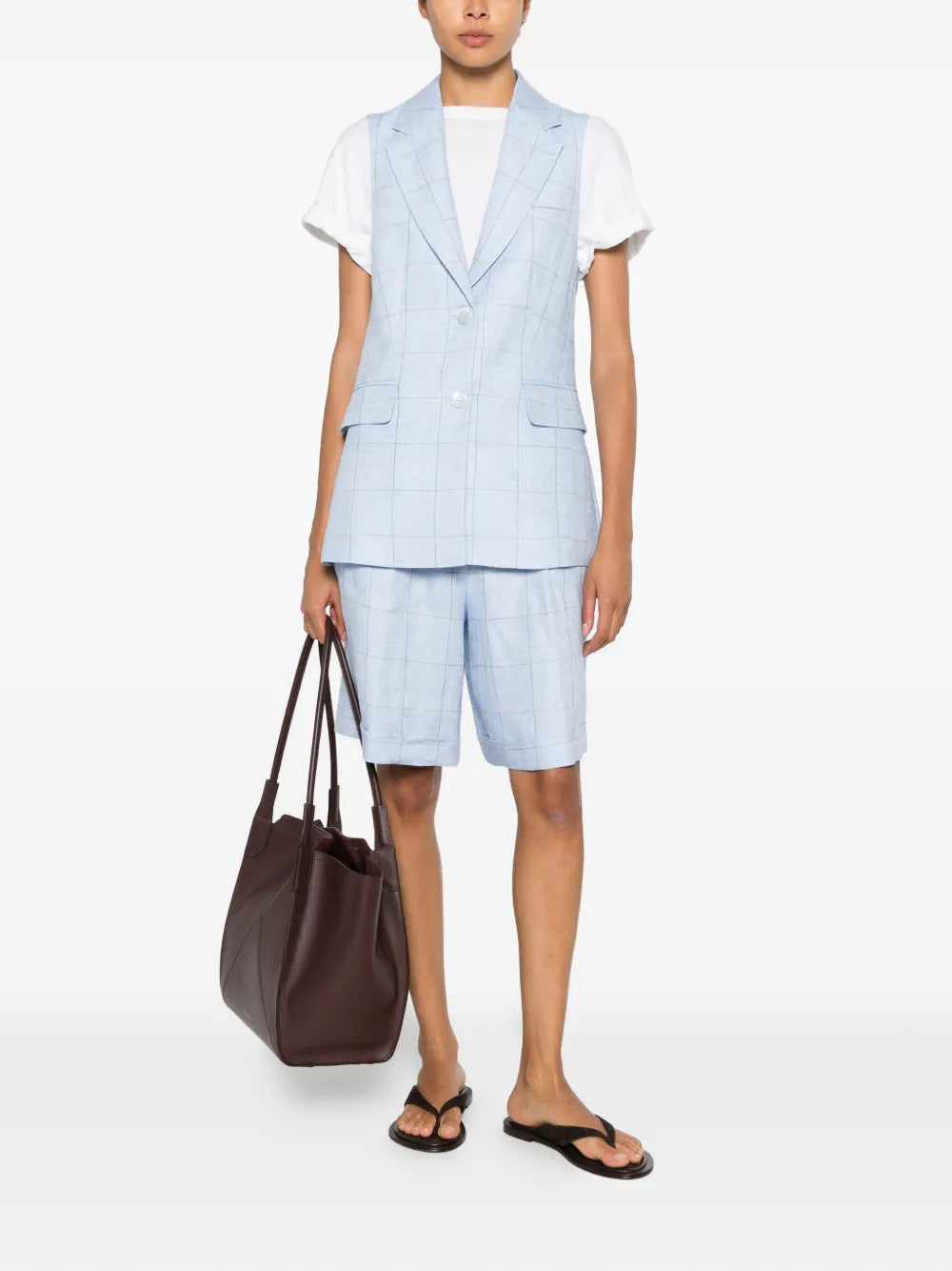 check-pattern single-breasted linen waistcoat