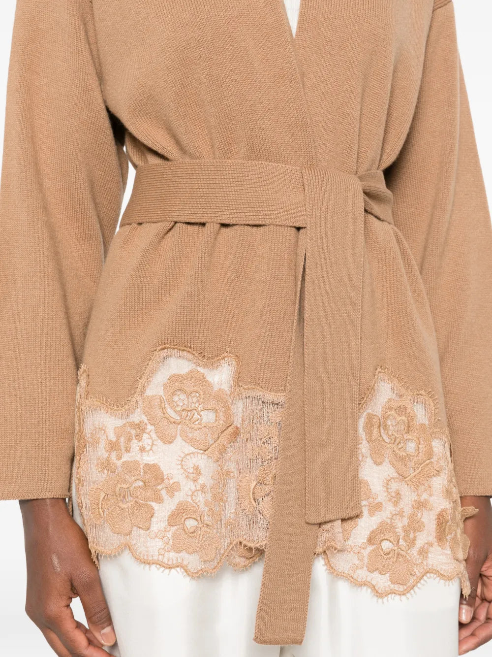 lace-trimmed belted cardigan
