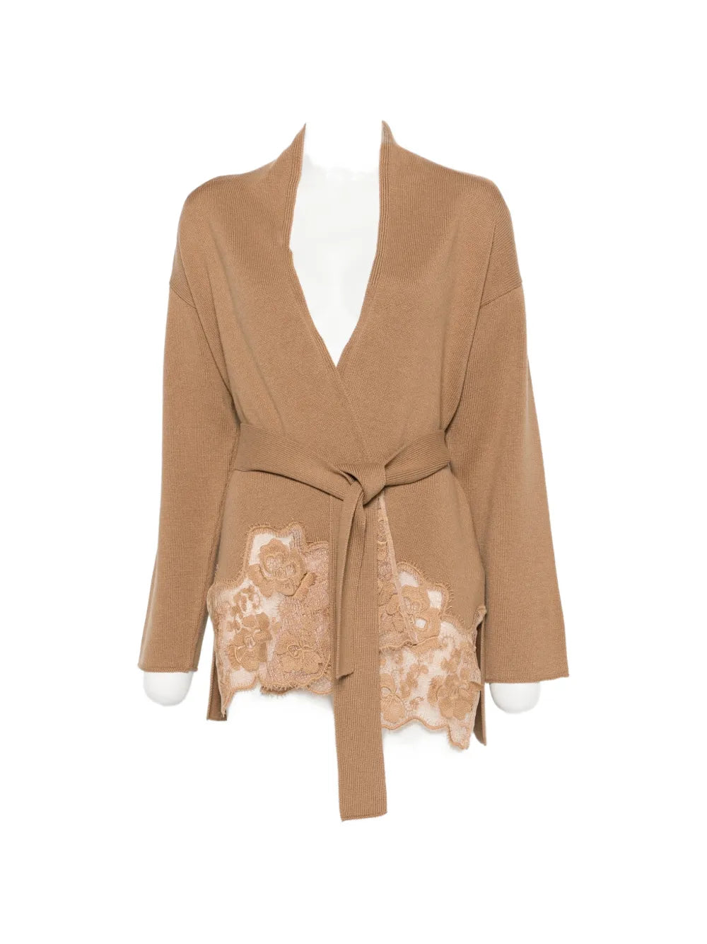lace-trimmed belted cardigan
