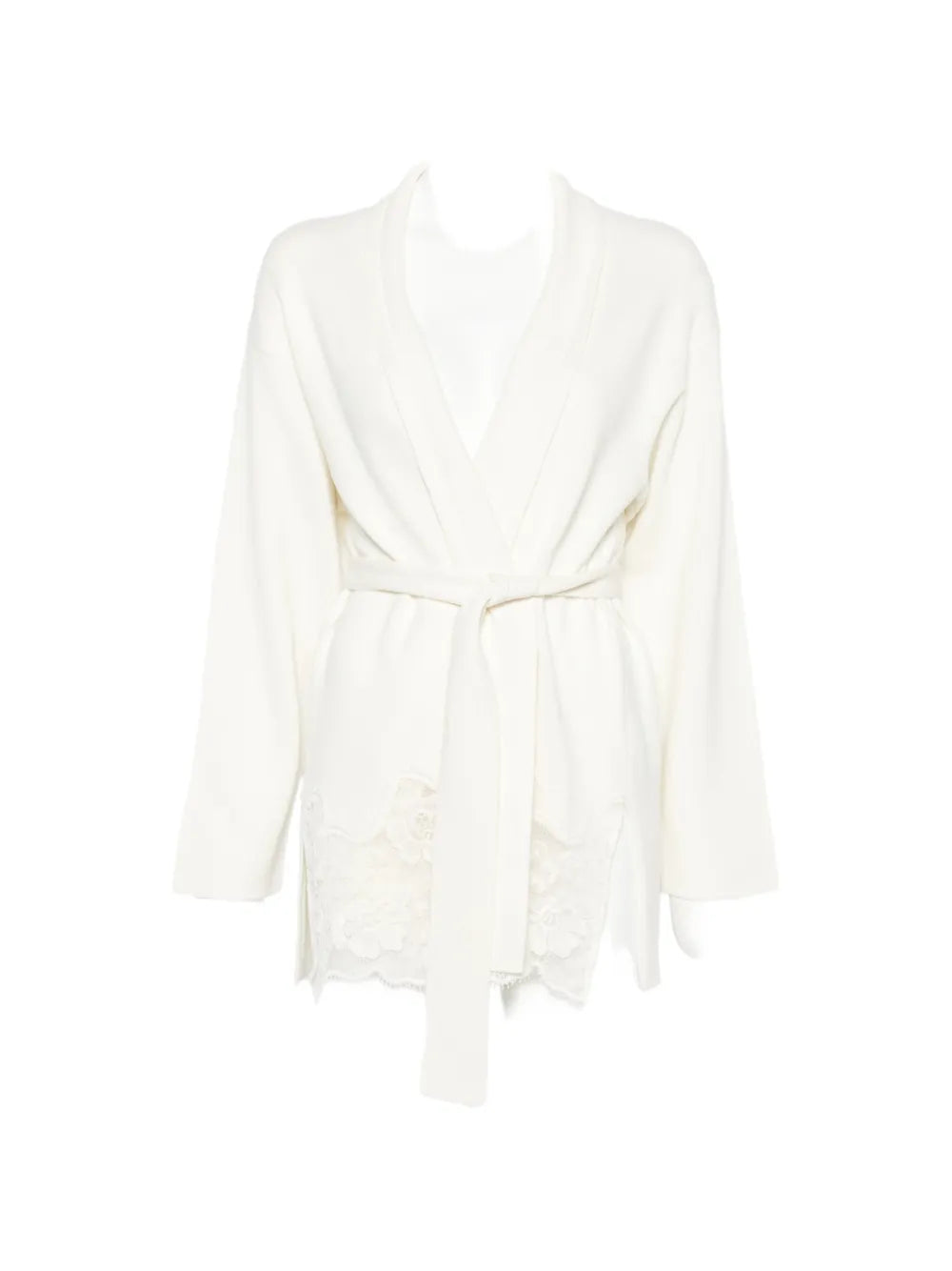 lace-trimmed belted cardigan