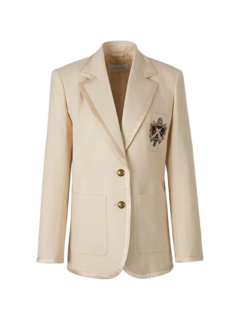 embroidered-crest satin-trim jacket