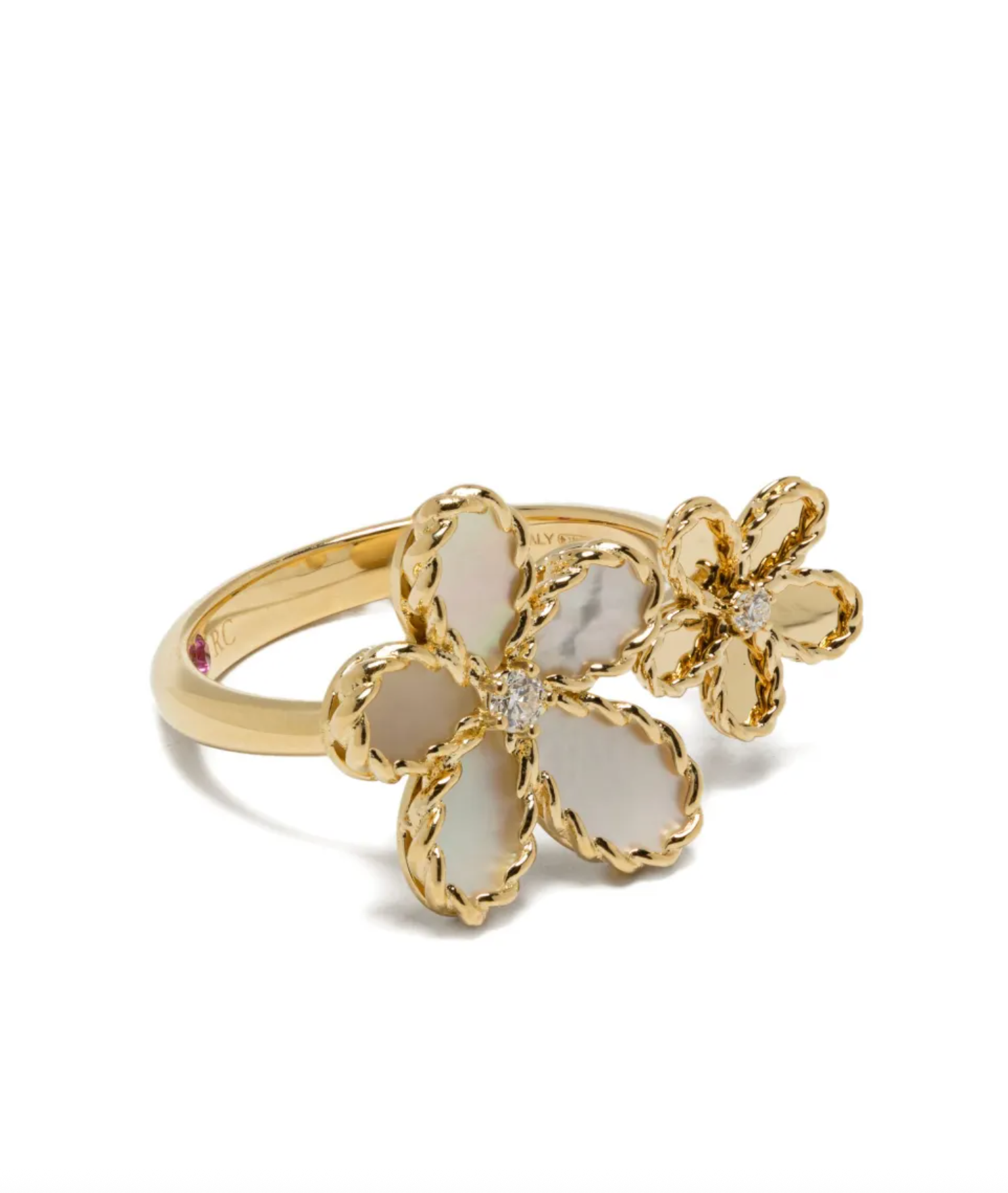 Anillo de oro amarillo con diamantes y flor de nácar