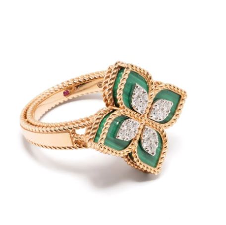 anillo Princess Flower en oro rosa de 18kt con diamantes y malaquita 