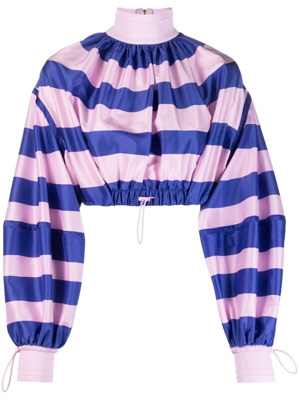 horizontal-stripe print drawstring blouse