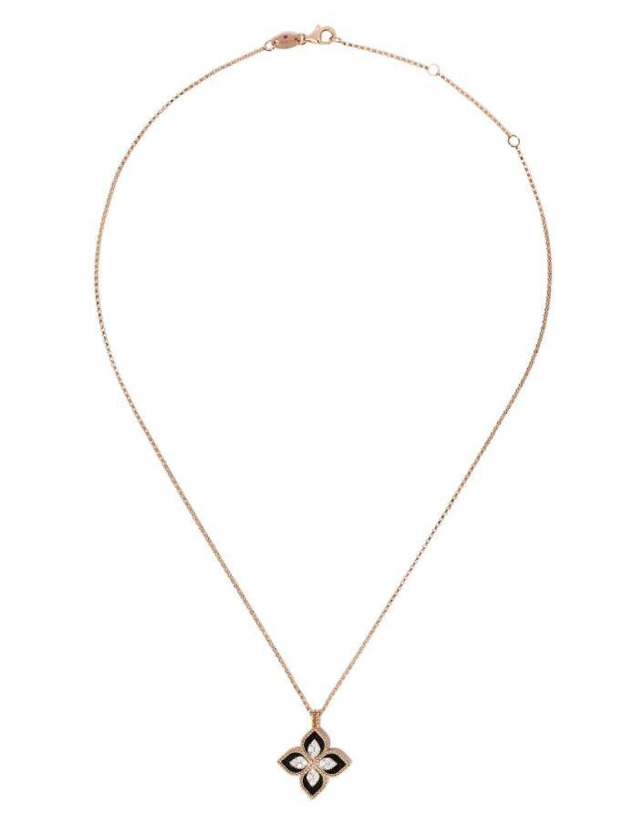 18kt rose gold diamond black jade Princess Flower necklace